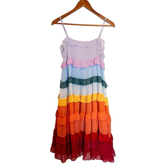 Storia Multicolored Rainbow Ruffle Tiered Midi Dress Small - Picture 5 of 8